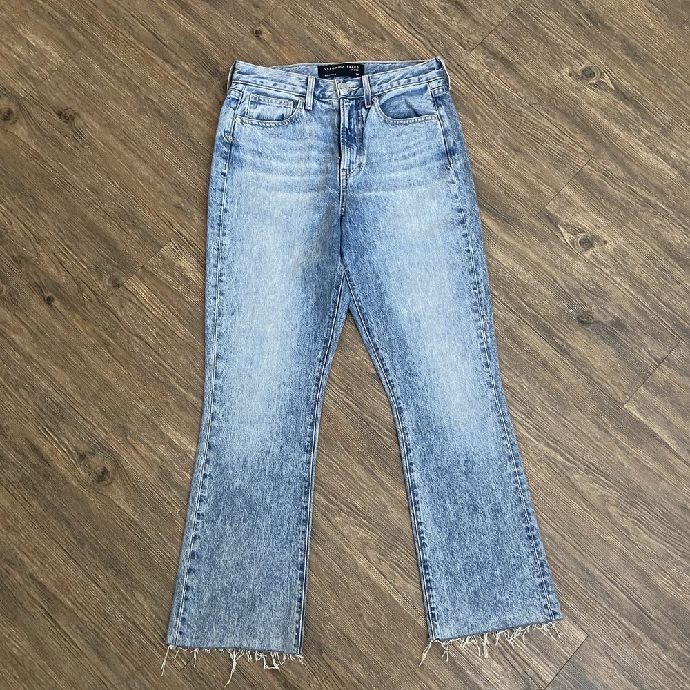Veronica Beard Carly Kick Flare High Rise Jeans Pebble Stone Raw Hem Crop 26